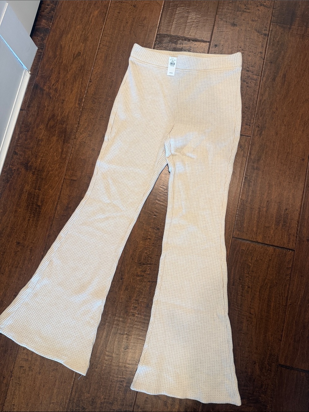 Medium TALL Womens Waffle-Knit Cream Flared Lounge Pants